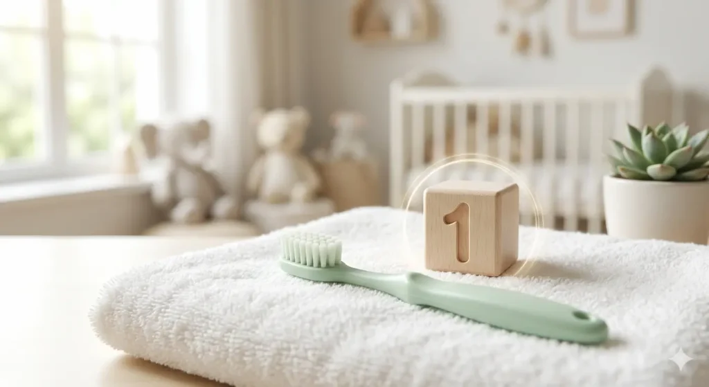 Cepillo de dientes infantil y bloque de madera con el número 1 - Revisión dental al primer año en Talavera de la Reina
