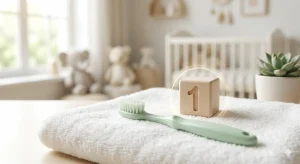 Cepillo de dientes infantil y bloque de madera con el número 1 - Revisión dental al primer año en Talavera de la Reina